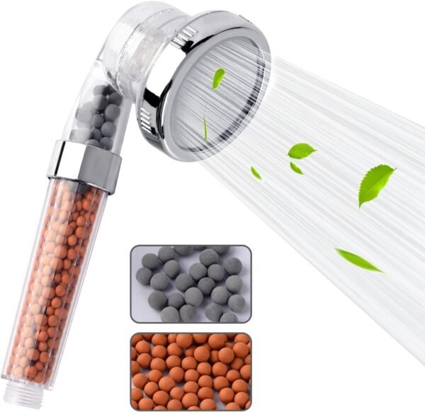 VEHHE Shower Head Powerful Flow with Beads Filter Pressure Boosting Shower Head Spray with 3 Modes Water Saving Bathing for Adults Children Pets Home and...