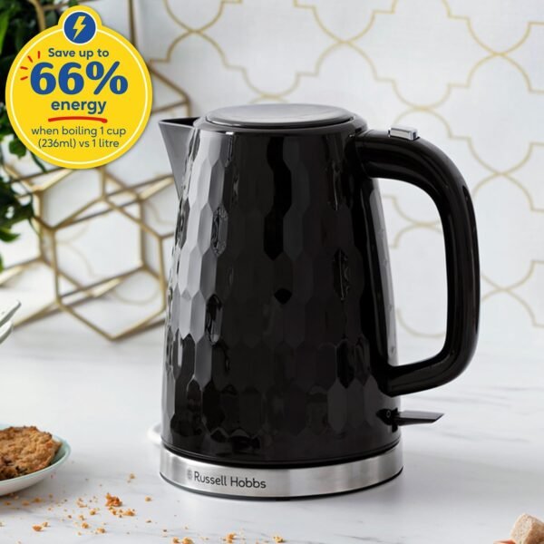 Russell Hobbs Honeycomb Electric 1.7L Cordless Kettle (Fast Boil 3KW, Black premium plastic, matt & high gloss finish, Removable washable anti-scale...
