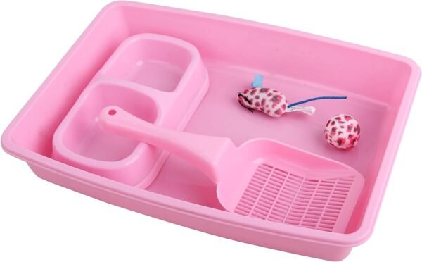 Pawise Cat Starter Kit Includes 4PCS Kitty Suppies, Low Entry Kitten Litter Pan,Cat Litter Scooper, Cat Bowls, Cat Mouse Toy, Pink